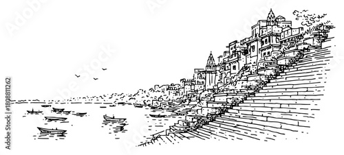 Panoramic view of Varanasi ghats along the Ganges river with boats and temples hand drawn ancient city vector sketch