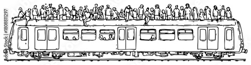 Overcrowded train carriage with passengers sitting on roof hand drawn public transport vector sketch illustration
