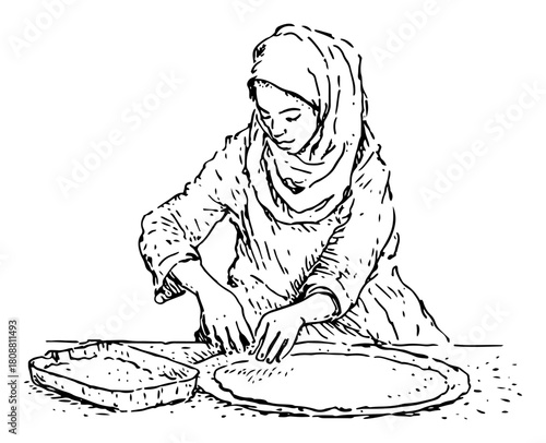 Traditional woman wearing headscarf kneading dough for flatbread vintage sketch vector