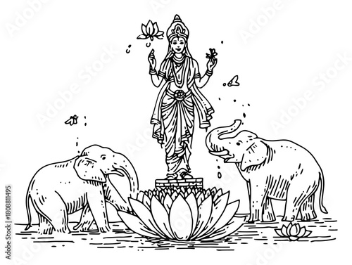 Hindu Goddess Lakshmi standing on lotus with elephants pouring water vintage vector sketch