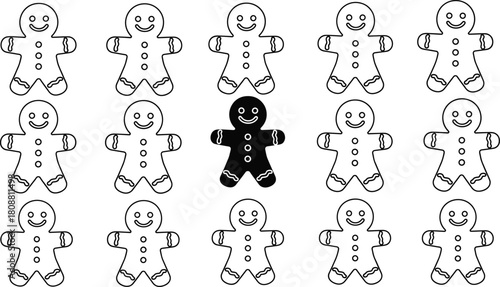 Vector illustration of Christmas gingerbread men cookies pattern, featuring one unique solid black silhouette standing out among many white outline figures, individuality concept