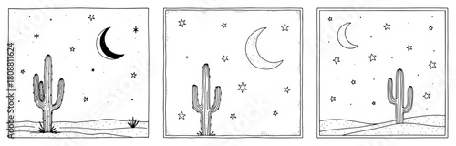 Desert cactus and moon night scene square frame hand drawn vector illustration