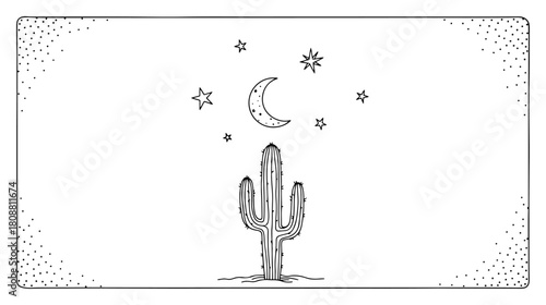 Minimal cactus moon and stars border empty desert frame hand drawn vector illustration