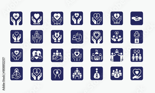 Collection of Line Art Icons Illustrating Charitable Giving, Humanity, and Support Concepts on a Blue Background