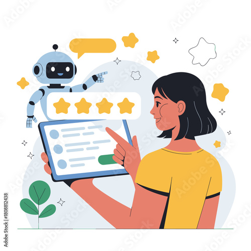 Woman Giving Five Star Rating on Tablet with AI Robot Assistance and Customer Feedback Illustration