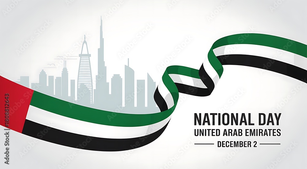 Obraz premium United arab emirates national day celebration with a flowing flag and iconic dubai skyline silhouette in the background