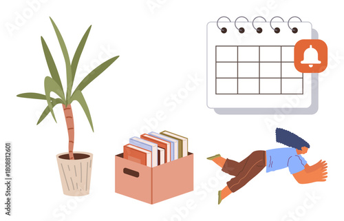 Potted plant, box of books, spiral calendar with alert icon, and person tidying represent productivity and balance. Ideal for time management, organization, decluttering, planning, wellness focus