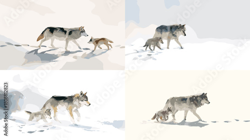 Minimalist wolf illustrations showing adult wolves and pups walking through snowy landscapes. Calm nature scenes perfect for wildlife themes, storytelling visuals, and serene animal artwork.