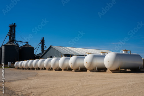 Row of white industrial storage tanks beside agricultural grain silos under a clear blue sky.
