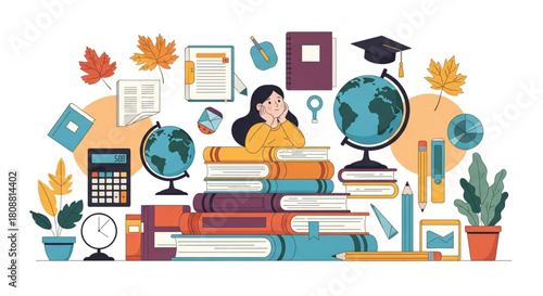 Dreamy student with books, globe, and academic symbols conjures back-to-school vibes, perfect for education, learning, and student life marketing materials