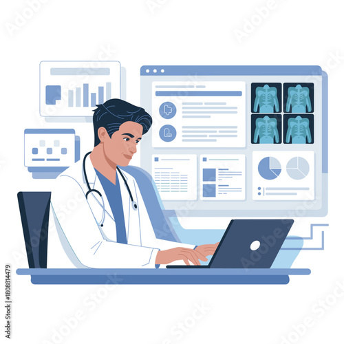 Doctor Working on Laptop and Reviewing Digital Health Records with Medical Scans Illustration