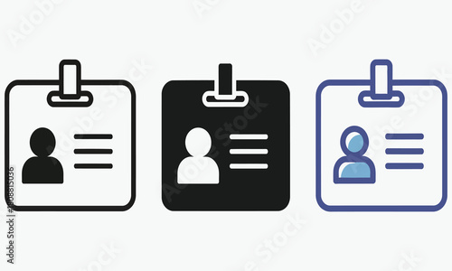 Vector illustration of an employee identification card icon set. Includes line art, solid glyph, and colored styles for name tags or access passes. 18
