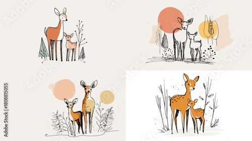Sweet illustration of a deer standing with its fawn in a simple forest scene. Soft colors and gentle lines create a warm and charming woodland family artwork.