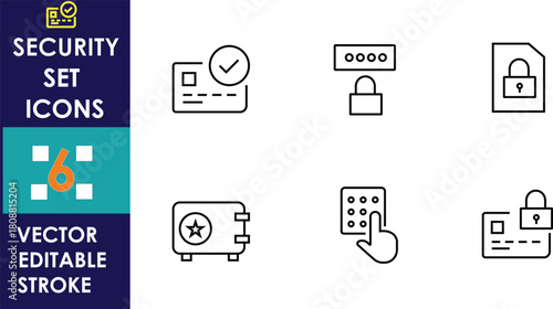 Minimal security icon set featuring ID cards, locks, passwords, safes, and keypads in clean editable stroke style, ideal for digital protection and access-control designs
