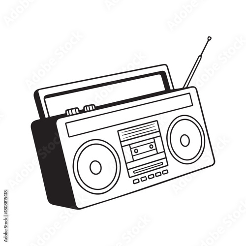 Hand drawn sketch of a retro boombox radio with Al Aire text. Vintage portable cassette player doodle illustration isolated on white background.
