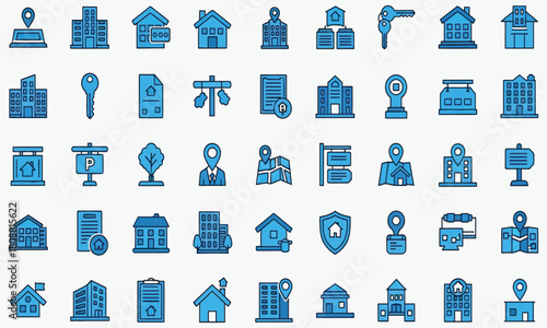 Blue filled outline icon set for real estate and property concepts. Vector symbols for housing, mortgage, and building investment