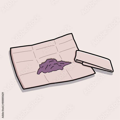 Illustration of powdered medicine on folding paper with a spatula, commonly used in pharmacies for compounding, measuring, and preparing custom medication doses