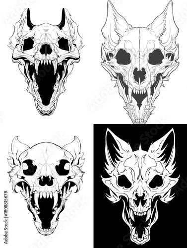 Intense monochrome illustration of a demonic wolf skull with sharp fangs and hollow eyes. Dark and aggressive artwork perfect for gothic themes and bold graphic designs.