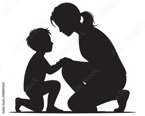 solid black color A Minimalist Flat Design illustration in the “autism
acceptance through understanding” theme — a parent kneeling to the child’s level with a peaceful shared gaze