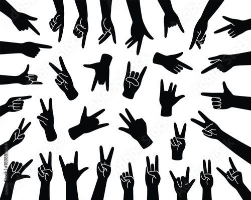 Hand gesture silhouettes, black icons, finger signs, symbolic poses, nonverbal communication, cultural expression, minimal design, peace sign, pointing, OK