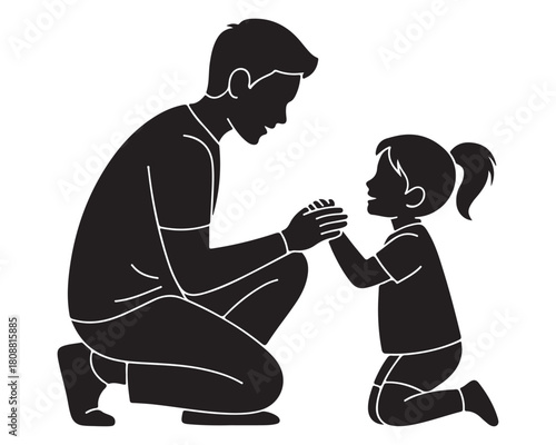 solid black color A Minimalist Flat Design illustration in the “autism
acceptance through understanding” theme — a parent kneeling to the child’s level with a peaceful shared gaze
