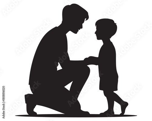 solid black color A Minimalist Flat Design illustration in the “autism
acceptance through understanding” theme — a parent kneeling to the child’s level with a peaceful shared gaze