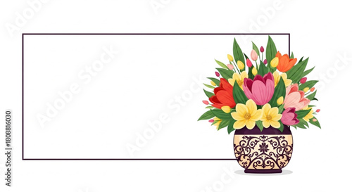 Elegant floral bouquet in decorative vase with blank frame offers space for your custom message, perfect for invitations and greeting cards