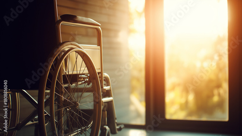 wheelchair. A wheelchair bathed in soft sunlight near a window, evoking a comforting healthcare ambiance. lifestyle magazines.