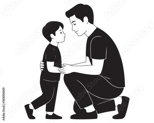 solid black color A Minimalist Flat Design illustration in the “autism
acceptance through understanding” theme — a parent kneeling to the child’s level with a peaceful shared gaze