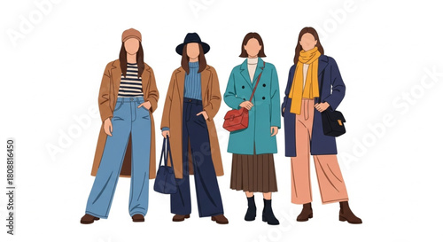 Stylish diverse women showcasing modern autumn fashion trends in coats, hats, and scarves for your next fall campaign or editorial photoshoot