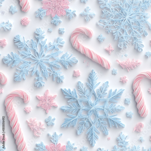 Seamless pastel pattern of delicate blue and pink snowflakes and candy canes on a bright white background