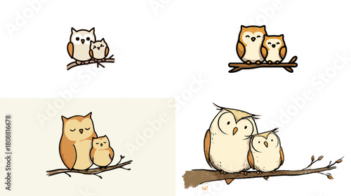 Cute illustration of two owls sitting together on a tree branch. Warm colors and simple lines create a charming family themed woodland artwork.