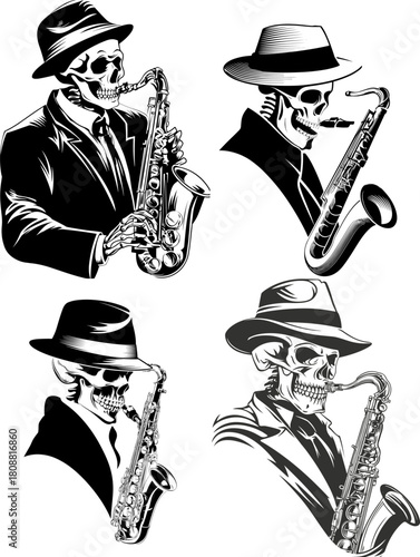 Stylish monochrome illustration of a skeleton playing the saxophone while wearing a suit and hat. Bold jazz themed artwork with a vintage and edgy aesthetic.