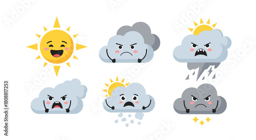 Cute cartoon weather icons depicting various emotional states, from happy sunshine to angry storm clouds with rain, snow, and thunder.