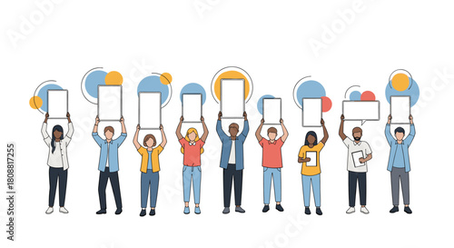 A diverse group of people stands together, holding blank placards above their heads, ready to display various messages or calls to action.