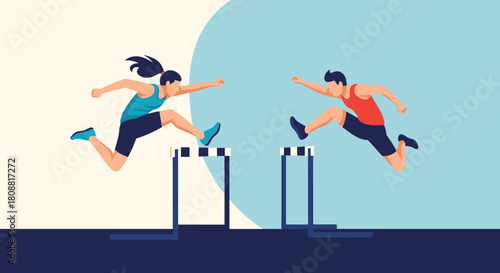 A man and a woman, side by side, leaping over track hurdles with dynamic form, symbolizing competition, challenge, and athletic pursuit.