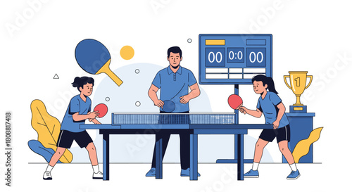 An illustration of a vibrant table tennis match featuring two players, a supervising coach, a digital scoreboard, and a golden championship trophy.