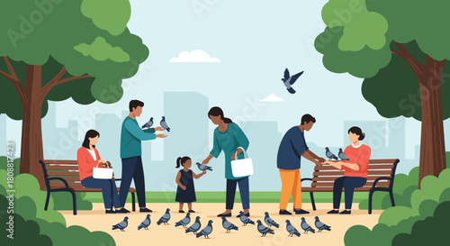 Diverse people of different ages enjoy a sunny day in an urban park, gathering to feed pigeons, fostering a connection with nature and community.