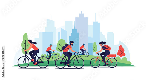 Diverse people cycling through a green city park with a vibrant urban skyline, illustrating healthy outdoor activity and sustainable transportation.