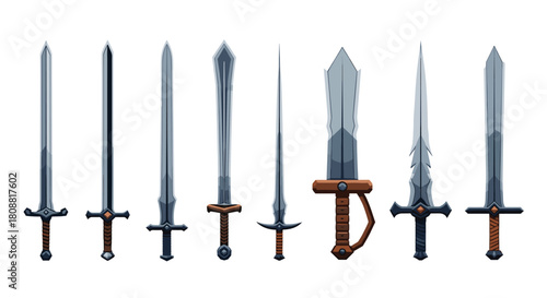 A diverse collection of pixel art fantasy swords, each featuring a unique design for its blade, guard, and handle, presented on a white background.