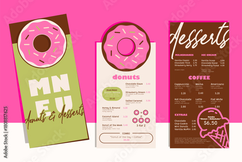 Stylish dessert and coffee menu in a bold retro palette. Includes milkshakes, ice cream, coffee drinks, extras, and combo options. Perfect for cafs, dessert bars, bakeries, and restaurant branding. Id