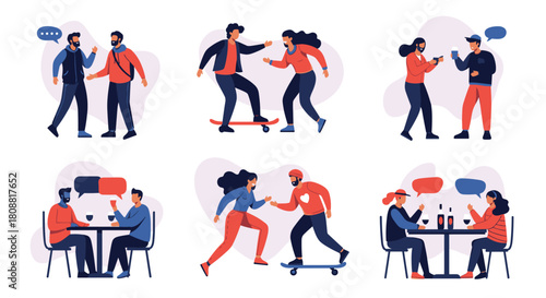 Friends and couples enjoying various social activities together, including talking, skateboarding, and dining out.