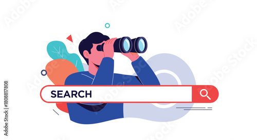 An illustration of a person looking through binoculars above a prominent search bar, symbolizing online exploration, data search, and discovery.