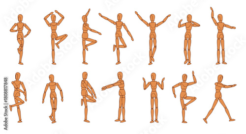 A collection of wooden artist mannequins demonstrating a diverse range of human body poses and dynamic movements for art, design, and reference.