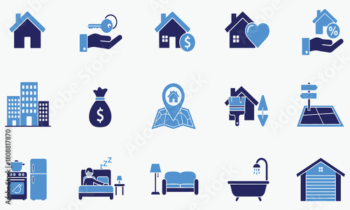 Set of real estate icons representing housing, property, and home ownership