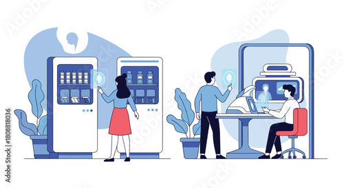 People interact with automated dispensing machines and engage in virtual medical consultations.