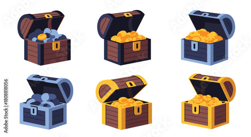 Collection of six open pixelated treasure chests filled with gold and silver coins, isolated on a white background.