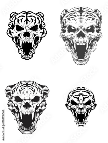 Bold monochrome illustration of roaring beast skulls with fierce expressions. Powerful and aggressive artwork suitable for tattoos, streetwear, and extreme graphic designs.