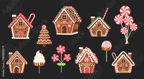 A festive collection of various intricately decorated gingerbread houses, a Christmas tree, lollipops, and sweet desserts on a dark background.