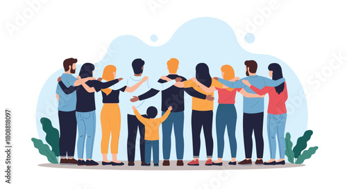 A diverse group of adults and a child standing together, embracing each other with arms around shoulders, representing unity, support, and community.